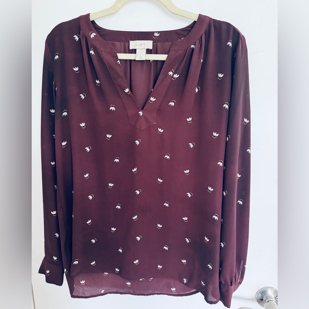 LOFT Maroon Blouse with White Pattern